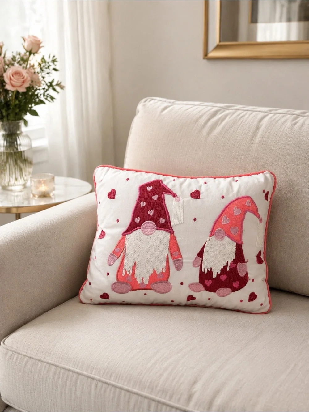 Valentine Gnome Decorative Throw Pillow - Pink and Red